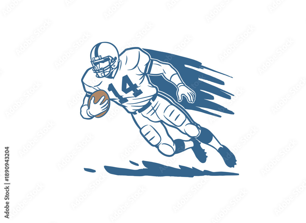 Obraz premium American football player running with ball artwork. Sports vintage illustration for t-shirt design. Football champion league graphic print. Dynamic mo