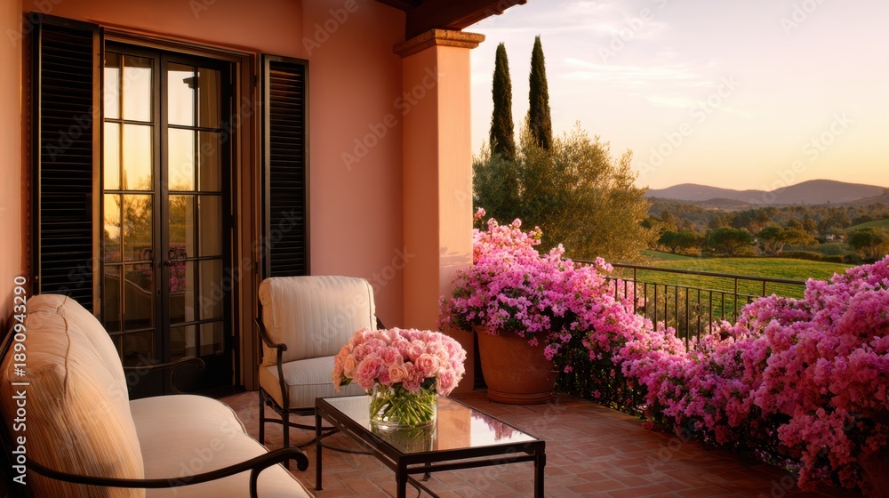 Fototapeta premium Sunset terrace with cushioned chairs, glass table, pink, bougainvillea, and distant hills bathed in warm light