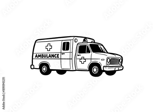 Ambulance vector artwork for t-shirt design. Emergency medical service vehicle sketch. Vintage retro rescue car illustration. First responder artwork