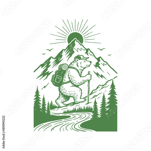 Mountain with bear vintage artwork for t-shirt. Bear hiking adventure design for apparel. Retro outdoor illustration. Wild and free nature explorer. K