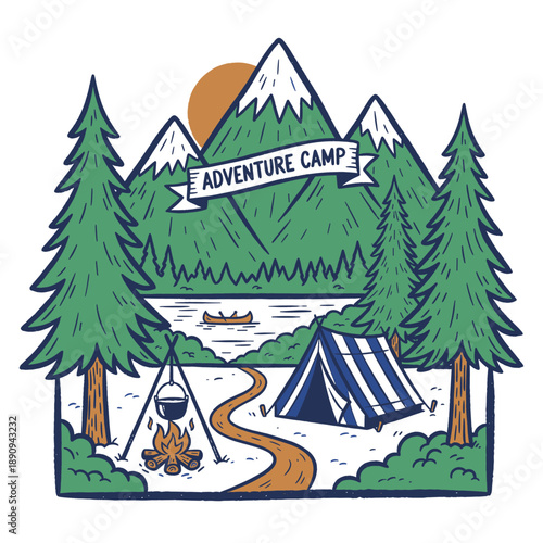 Mountain camping adventure illustration. Outdoor wilderness graphic design. Campfire and tent artwork print. Vintage hand drawn nature scenery. Great