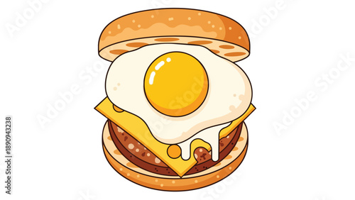 A cheerful cartoon breakfast sandwich with a fried egg, melted cheese, and a savory sausage patty.