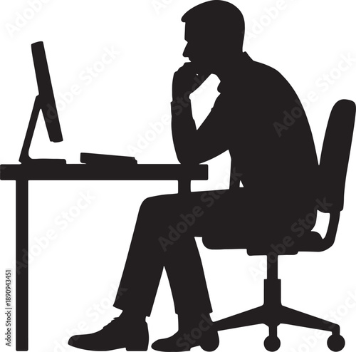 Man sitting at desk in front of computer monitor thinking deeply