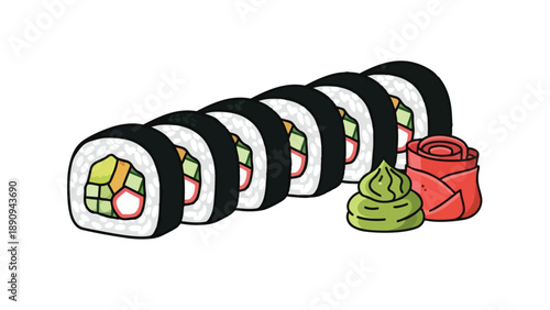 Stylized illustration of delicious Japanese maki sushi rolls, perfectly lined up and accompanied by a swirl of green wasabi and elegant red pickled