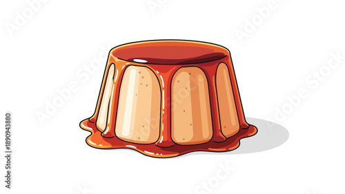 Vibrant cartoon flan illustration showing a delectable smooth custard dessert generously coated in shimmering golden brown caramel sauce that gently