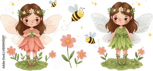 Two cute cartoon fairies surrounded by flowers and bees in a whimsical garden scene