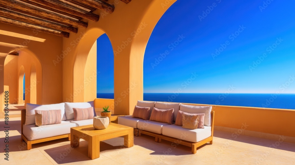 Obraz premium Sunny coastal terrace with ochre arches, modern beige seating, wooden ceiling beams, and a blue ocean horizon