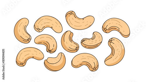 A collection of stylized cashew nuts scattered on a clean white background, depicting healthy snack options for nutrition and culinary