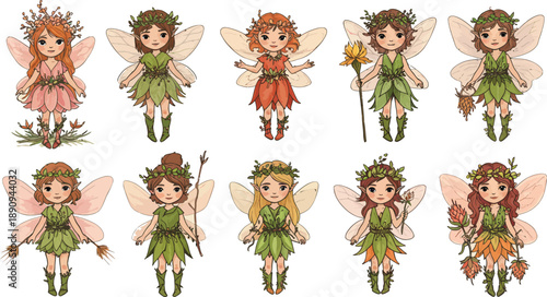 Eight whimsical fairies in various green and floral dresses with wings