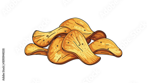 An inviting cartoon stack of golden, wavy snack crisps, artfully depicted with subtle texture details on a clean white background, perfectly
