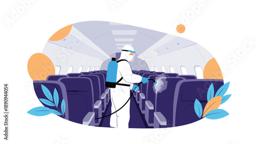 Safety worker wearing a full protective hazmat suit sprays disinfectant liquid inside an empty airplane cabin to ensure passenger hygiene.