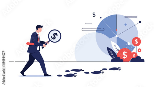 Investigative businessman follows a trail of dollar sign footprints with a magnifying glass towards a financial pie chart representing profit.