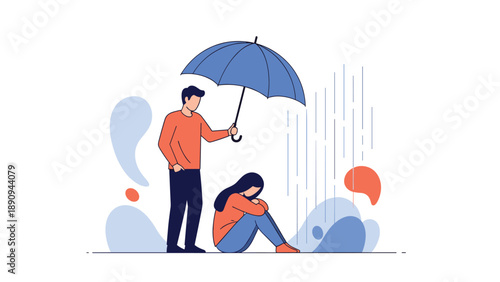 Kind man holds a large blue umbrella to protect a sad woman sitting on the ground during a heavy rainstorm representing support and empathy.