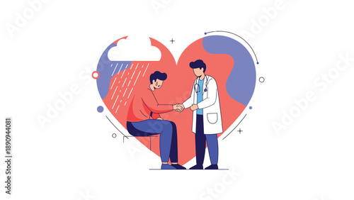 Caring doctor shakes hands with a patient inside a large heart frame during a successful medical consultation illustrating trust in healthcare.