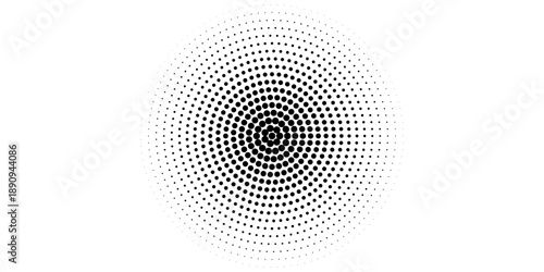 Black halftone concentric circle texture. Rippled repeating sound wave ring wallpaper. Dotted radial gradient background. Vector rasterized backdrop for vibration, epicenter, target, radar signal.