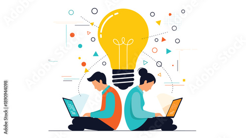 Two students sit back to back while working on their laptops under the glow of a giant yellow light bulb representing a shared creative idea.