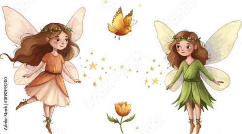 Two whimsical fairies with flowers and butterfly in a magical setting