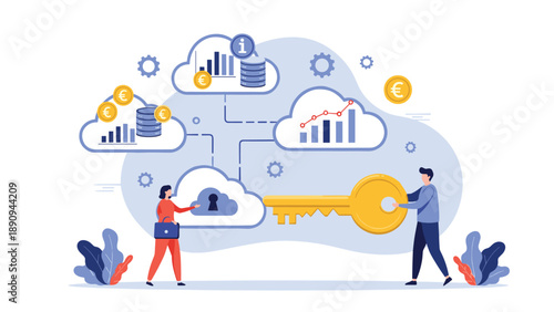 Business partners use a golden key to unlock secure cloud data storage and financial information represented by charts and coins.