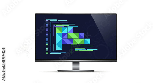 A computer monitor displays lines of coding on its screen with colorful graphic design elements and gear icons in the background, representing technology and programming concepts in a