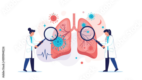 Medical specialists use magnifying glasses to examine infected human lungs for viral respiratory diseases and lung health.