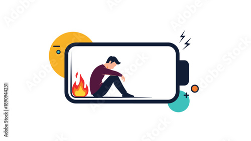 Burnout concept showing an exhausted man sitting inside a low battery symbol with a flame signifying total energy depletion.