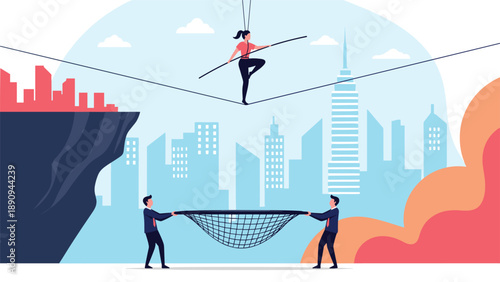 Brave professional walks a tightrope high above the city while colleagues hold a safety net to provide support and risk management.
