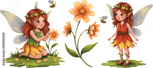 Two whimsical garden fairies surrounded by flowers and bees in a magical setting with green grass