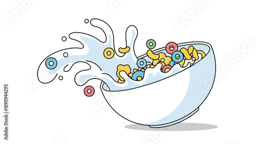 Dynamic breakfast scene featuring colorful cereal rings and creamy milk splashing from a pristine white bowl. A vibrant and energetic morning meal