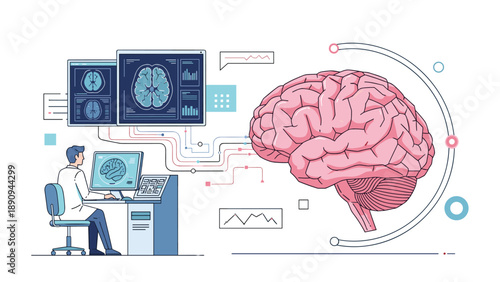 Neurologist analyzes digital brain scans and medical data on a computer next to a large 3D model of a human brain.