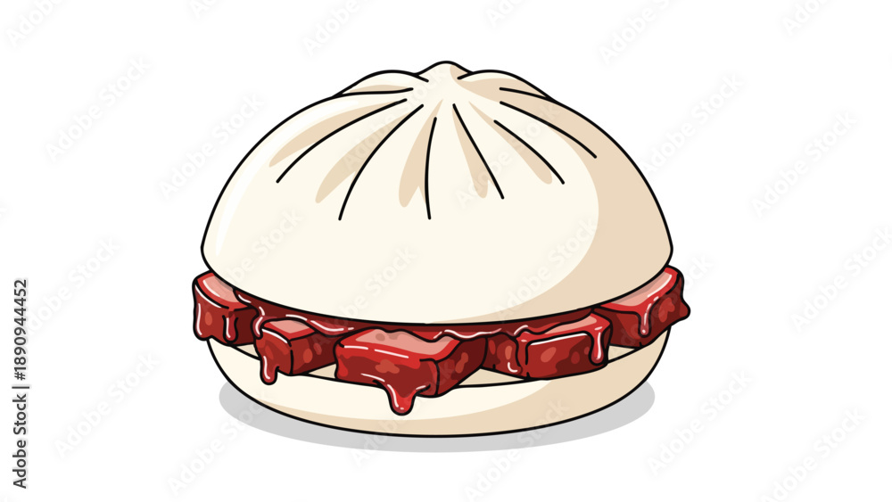 Fototapeta premium Delicious Steamed Bao Bun with Savory Red Pork Filling Overflowing Appetizing Asian Cuisine Illustration