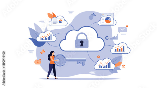 Security professional uses a large key to manage secure cloud data storage and protect sensitive financial information.