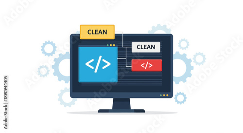 A computer monitor displays coding on its screen with gear icons in the background, representing technology and programming concepts in a simple graphic design.