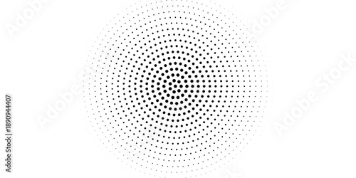 Black halftone concentric circle texture. Rippled repeating sound wave ring wallpaper. Dotted radial gradient background. Vector rasterized backdrop for vibration, epicenter, target, radar signal.