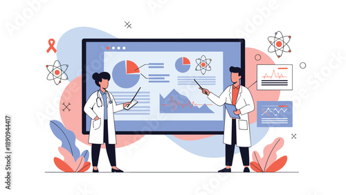 Medical scientists give a detailed data presentation on a large digital screen with health charts and scientific symbols.