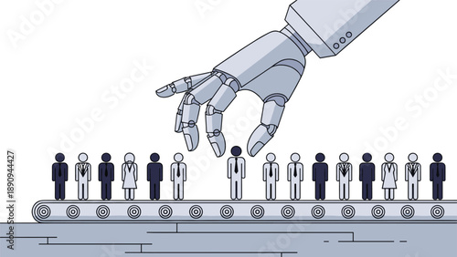 Large robotic hand picks a specific individual from a conveyor belt of identical office workers symbolizing automated selection.