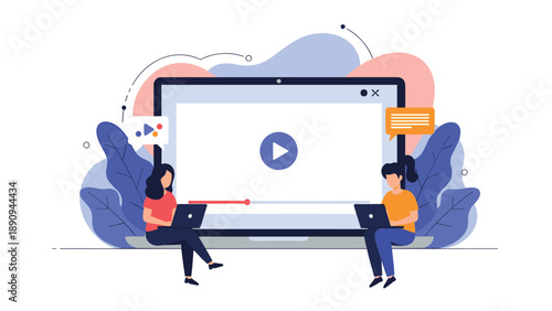 Content creators work on laptops in front of a giant digital screen with a video play button for media marketing.