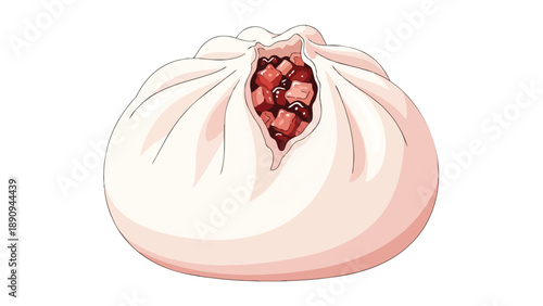 Vivid cartoon illustration of a traditional Asian steamed bun, gently split open to expose its succulent, savory diced meat filling. A delectable