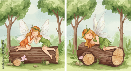 Two cartoon girls sitting on tree logs in a forest with green trees and grass