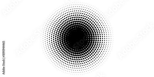 Black halftone concentric circle texture. Rippled repeating sound wave ring wallpaper. Dotted radial gradient background. Vector rasterized backdrop for vibration, epicenter, target, radar signal.