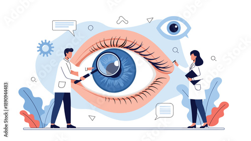 Ophthalmic surgeons use a magnifying glass to perform a detailed examination on a giant model of a human eye.