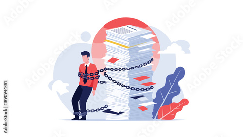 Overworked professional is chained to a massive stack of paperwork symbolizing office bureaucracy and heavy work pressure.