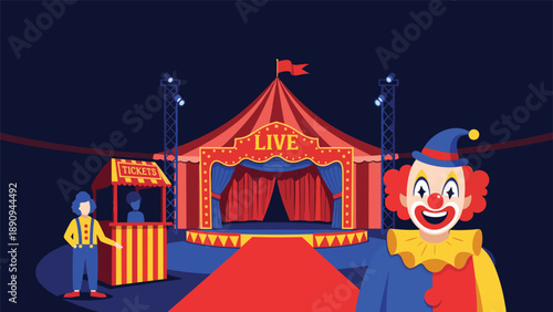 Colorful circus tent with a live performance stage and a happy clown welcoming visitors to the show in foreground.