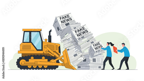 Powerful yellow bulldozer pushes away a massive stack of fake news newspapers while media professionals struggle to handle the disinformation.