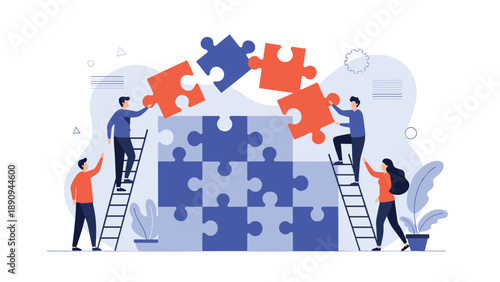 Collaborative team of diverse people works together to assemble a large wall made of blue and red jigsaw puzzle pieces symbolizing unity.