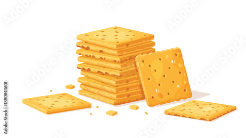 Crispy Stack of Savory Wheat Crackers and Scattered Biscuits on a Clean White Background