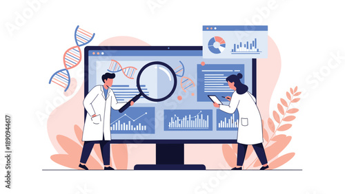 Two medical researchers wearing white coats use a magnifying glass to inspect DNA sequences and clinical data charts on a large computer monitor.