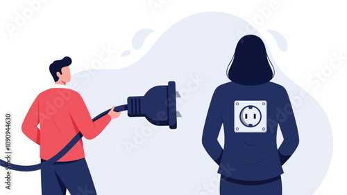 Modern man carries a large electrical power plug to connect with a socket located on the back of a woman standing in front of him.