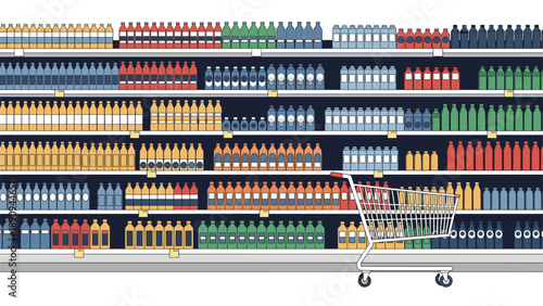 Empty white shopping cart stands in front of fully stocked supermarket shelves filled with rows of various colorful beverage bottles.