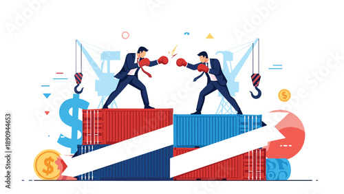Two competitive businessmen wearing boxing gloves engage in a fight on top of stacked shipping containers at a busy industrial cargo port.