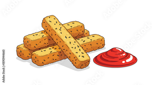 Delicious crispy golden brown sticks with a vibrant red dipping sauce a perfect snack or meal accompaniment for quick enjoyment and delightful